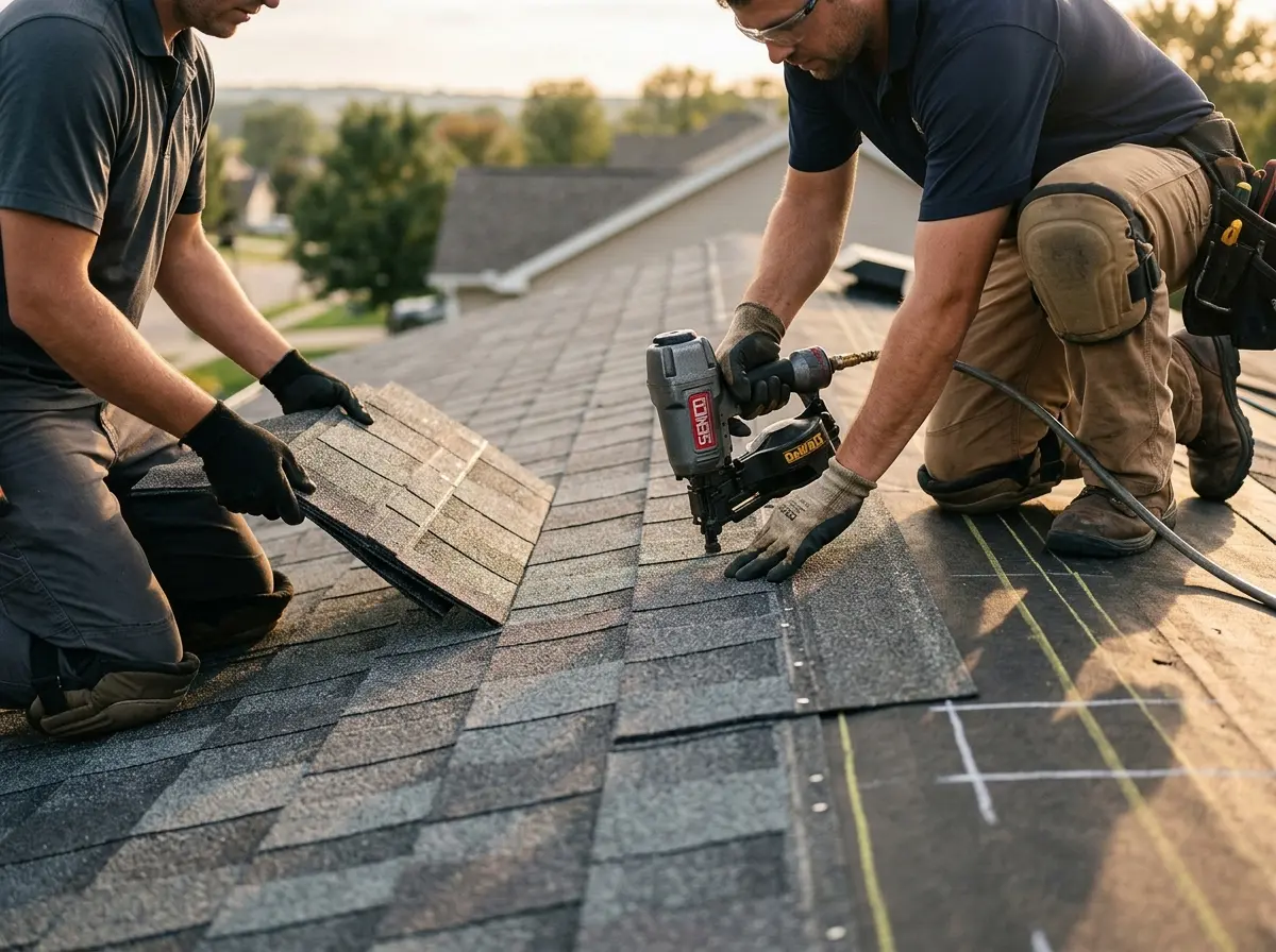 Professional roofer working on a residential roof in Aspen